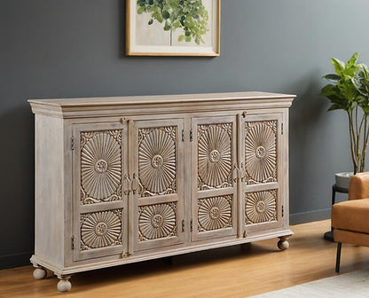 Handcrafted Wooden Sideboard with Sunburst Carving 