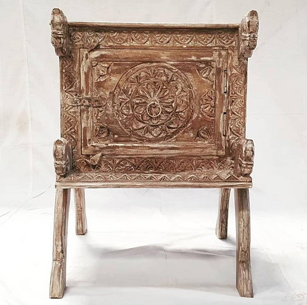 Hand Carved Indian Nightstand Table with One Door

