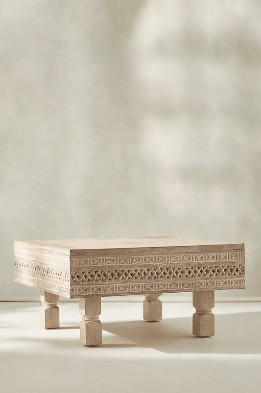 Handcrafted Wooden Bajot Table - Traditional Low Coffee Table with Carved Details