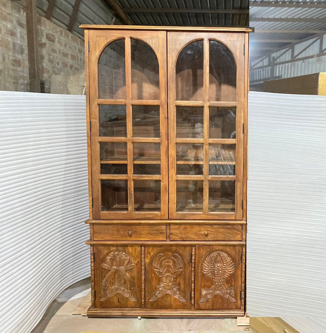 Hand Carved Large Menagerie Cupboard with Display Glass