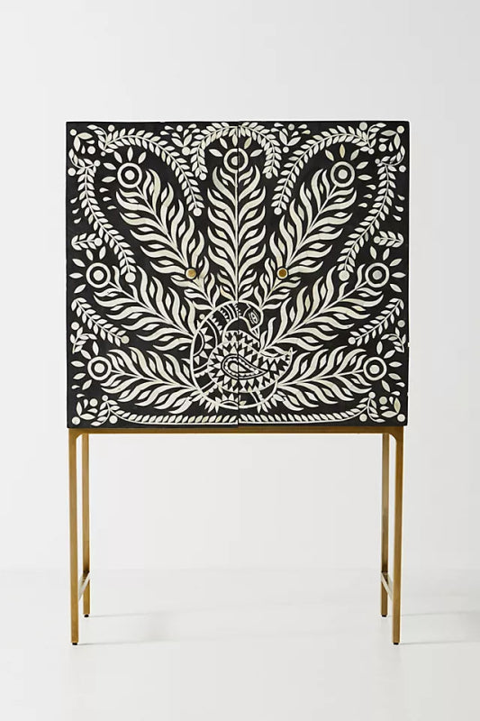 Black and White Bone Inlay Cabinet with Peacock Design for Home Decor Cabinet - Bone Inlay Furnitures