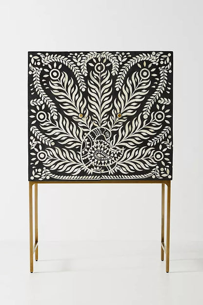 Black and White Bone Inlay Cabinet with Peacock Design for Home Decor Cabinet - Bone Inlay Furnitures