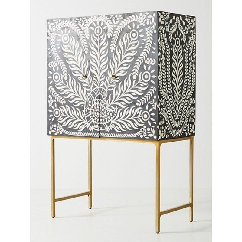 Black and White Bone Inlay Cabinet with Peacock Design for Home Decor Cabinet - Bone Inlay Furnitures