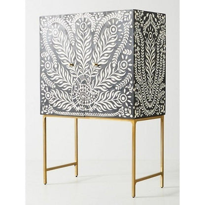 Black and White Bone Inlay Cabinet with Peacock Design for Home Decor Cabinet - Bone Inlay Furnitures