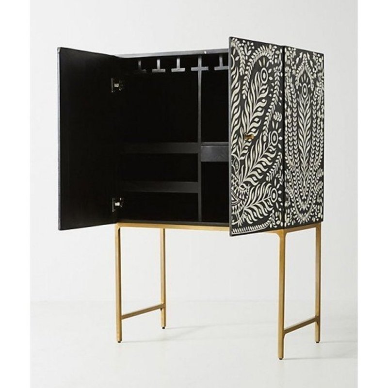 Black and White Bone Inlay Cabinet with Peacock Design for Home Decor Cabinet - Bone Inlay Furnitures