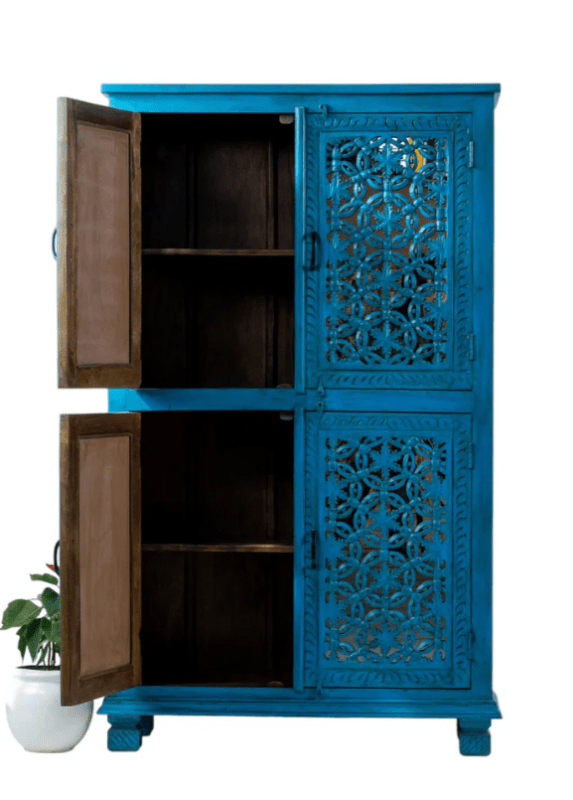 Blue Color Hand Carved Solid Wood Armoire Armoire - Bone Inlay Furnitures