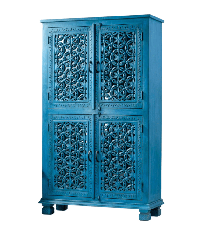 Blue Color Hand Carved Solid Wood Armoire Armoire - Bone Inlay Furnitures