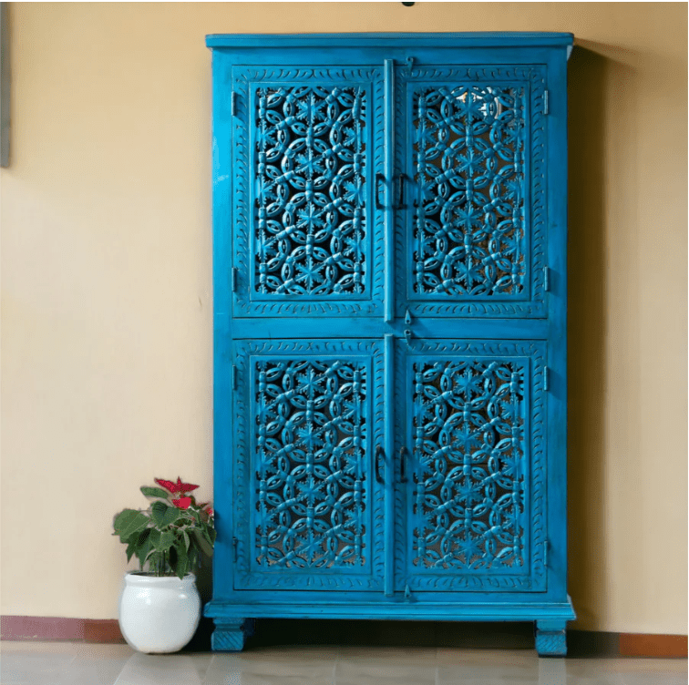 Blue Color Hand Carved Solid Wood Armoire Armoire - Bone Inlay Furnitures