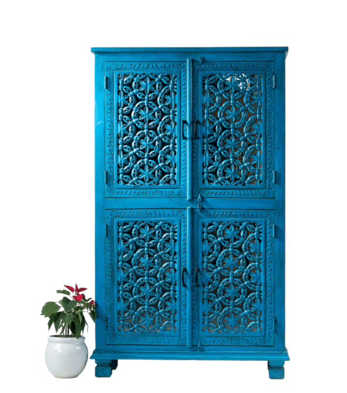 Blue Color Hand Carved Solid Wood Armoire Armoire - Bone Inlay Furnitures