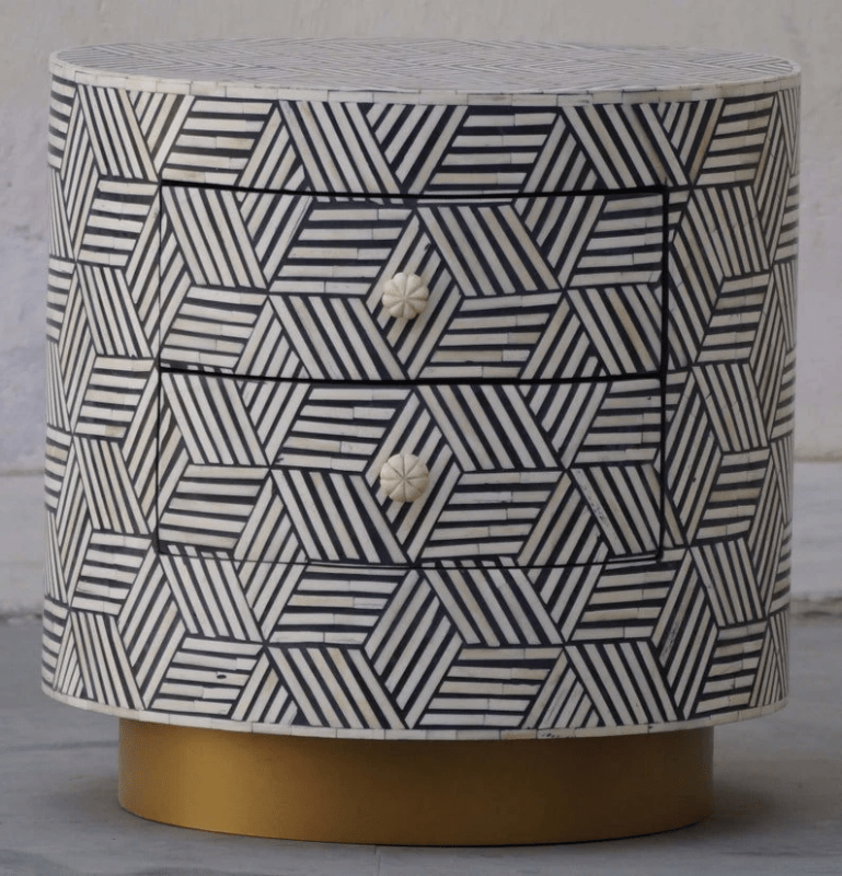 Bone Inlay 2 drawers Cylinder Side Table | Handmade Bone Inlay Bedside Table Bedside Table - Bone Inlay Furnitures