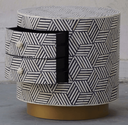 Bone Inlay 2 drawers Cylinder Side Table | Handmade Bone Inlay Bedside Table Bedside Table - Bone Inlay Furnitures