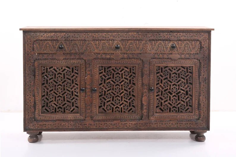 Brown Wooden Carved Three Door and Three Drawer Sideboard Buffet Table Buffet & Sideboard - Bone Inlay Furnitures