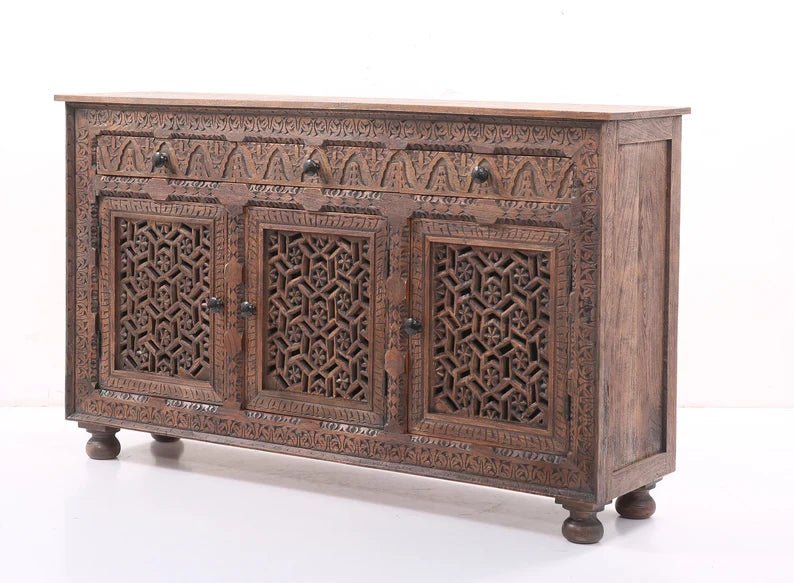 Brown Wooden Carved Three Door and Three Drawer Sideboard Buffet Table Buffet & Sideboard - Bone Inlay Furnitures