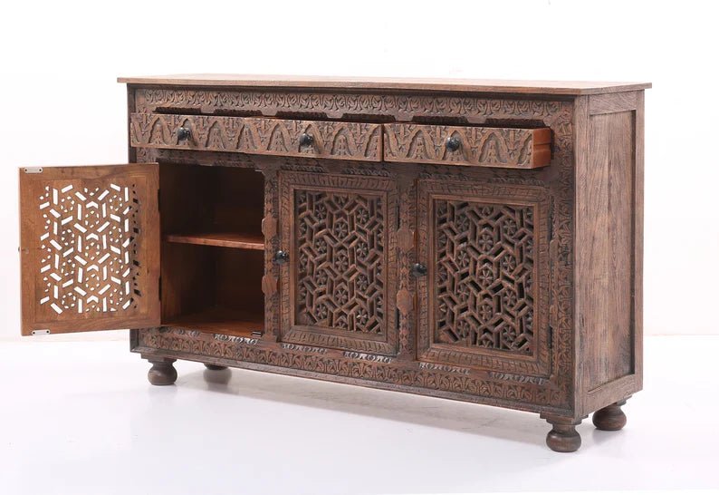 Brown Wooden Carved Three Door and Three Drawer Sideboard Buffet Table Buffet & Sideboard - Bone Inlay Furnitures