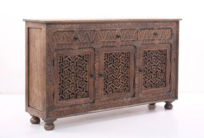 Brown Wooden Carved Three Door and Three Drawer Sideboard Buffet Table Buffet & Sideboard - Bone Inlay Furnitures