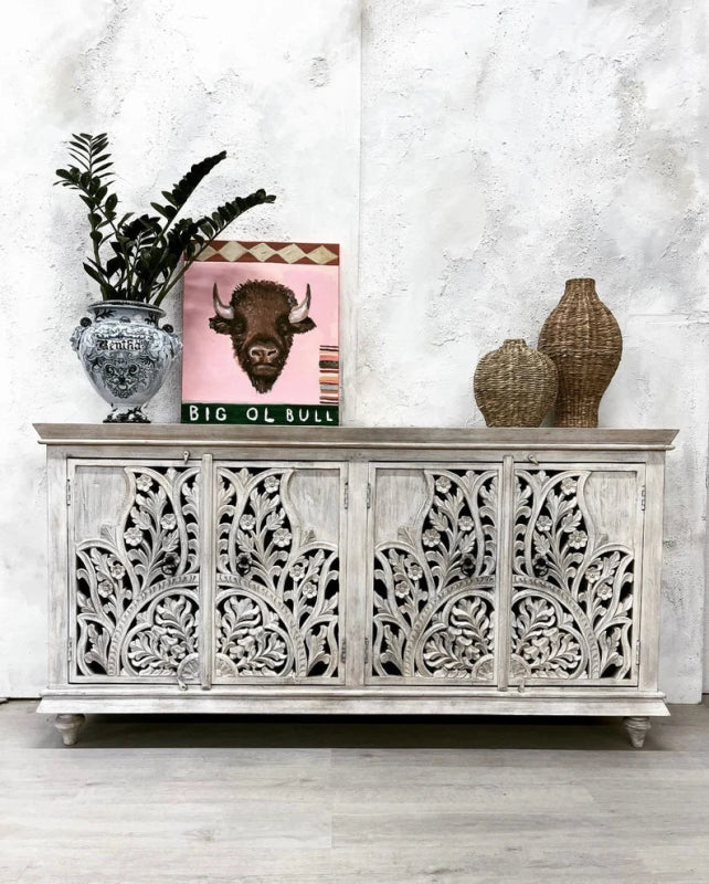 Carved Solid Wood Sideboard Buffet Table with Four Door in White Color Buffet & Sideboard - Bone Inlay Furnitures