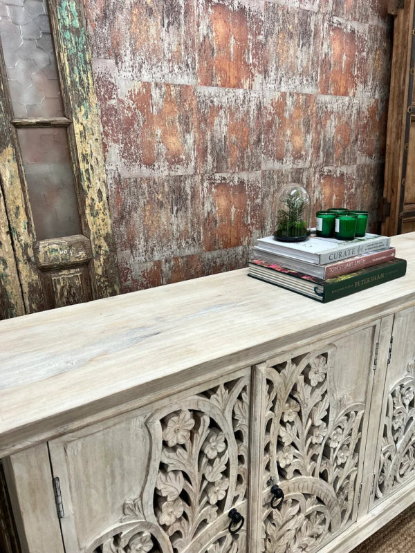 Carved Solid Wood Sideboard Buffet Table with Four Door in White Color Buffet & Sideboard - Bone Inlay Furnitures