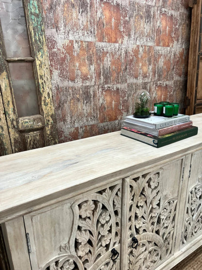 Carved Solid Wood Sideboard Buffet Table with Four Door in White Color Buffet & Sideboard - Bone Inlay Furnitures