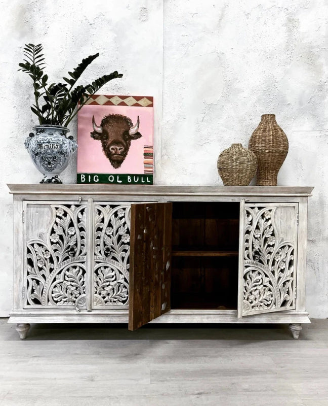 Carved Solid Wood Sideboard Buffet Table with Four Door in White Color Buffet & Sideboard - Bone Inlay Furnitures