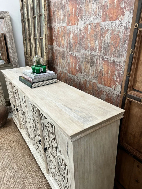 Carved Solid Wood Sideboard Buffet Table with Four Door in White Color Buffet & Sideboard - Bone Inlay Furnitures