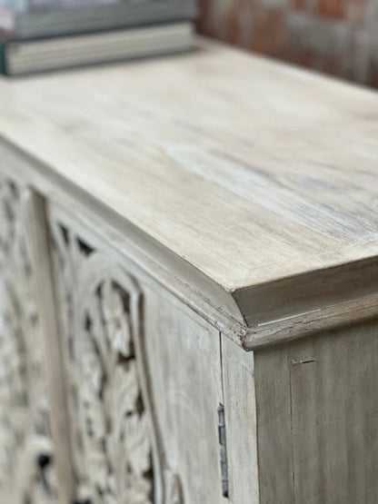 Carved Solid Wood Sideboard Buffet Table with Four Door in White Color Buffet & Sideboard - Bone Inlay Furnitures