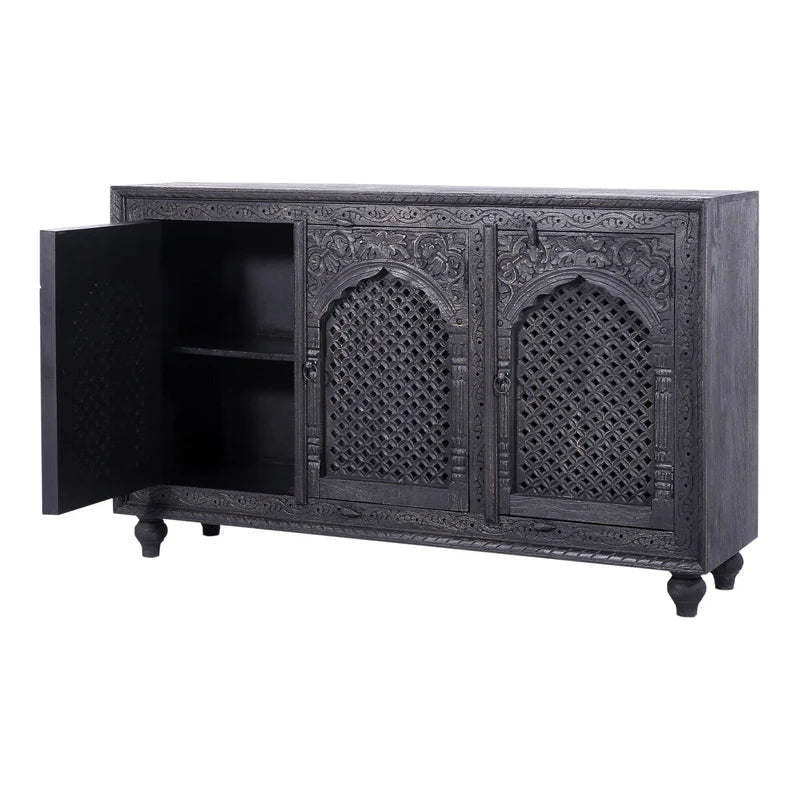 Carved Wooden Sideboard Buffet Table in Distressed Black Finish Buffet & Sideboard - Bone Inlay Furnitures