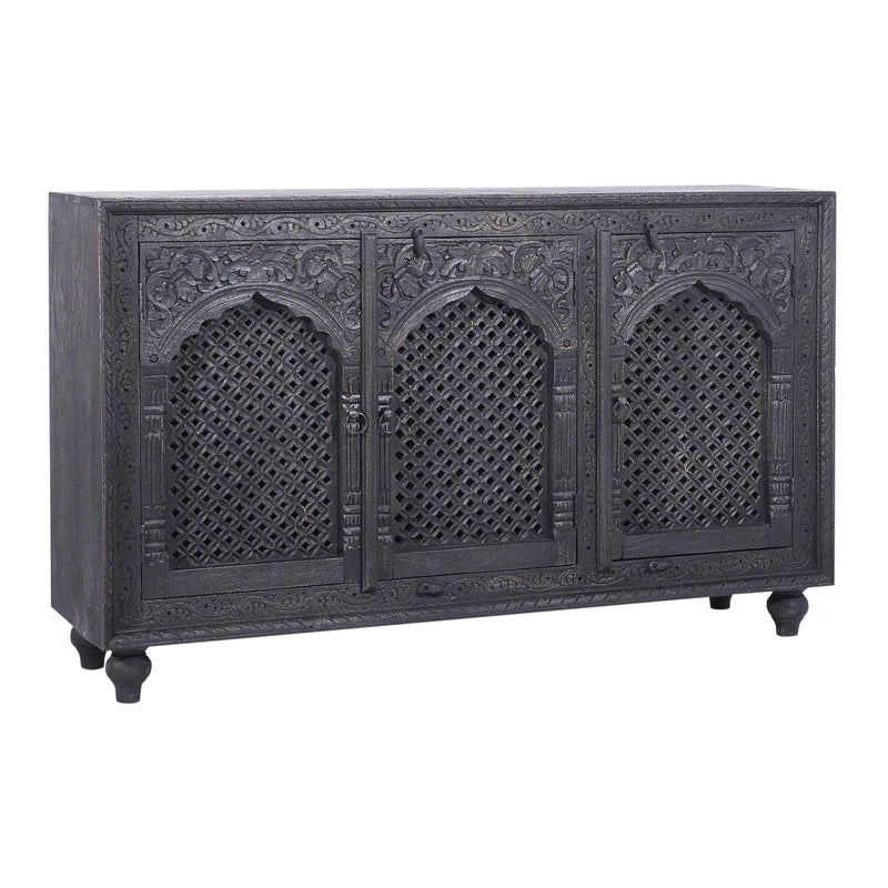 Carved Wooden Sideboard Buffet Table in Distressed Black Finish Buffet & Sideboard - Bone Inlay Furnitures