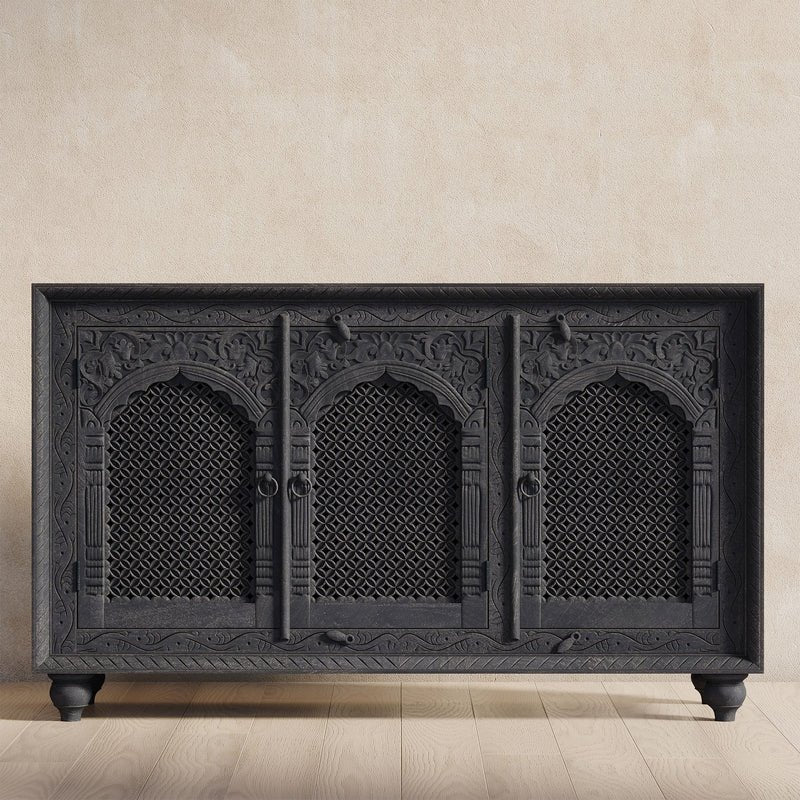 Carved Wooden Sideboard Buffet Table in Distressed Black Finish Buffet & Sideboard - Bone Inlay Furnitures