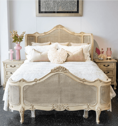 Cream Hand Carved Cane Bed with Headboard Beds & Bed Frames - Bone Inlay Furnitures