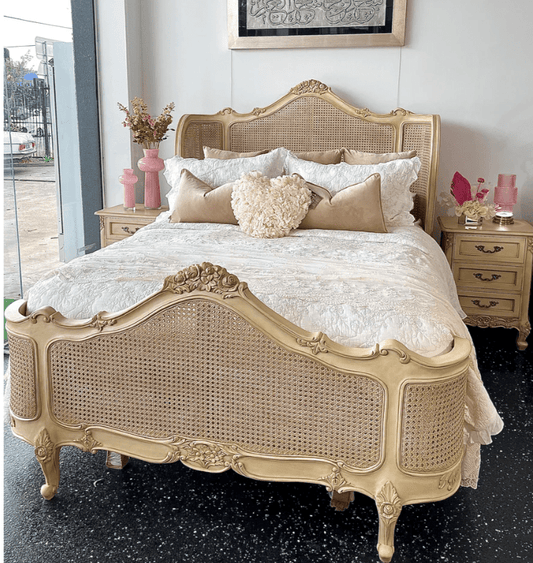 Cream Hand Carved Cane Bed with Headboard Beds & Bed Frames - Bone Inlay Furnitures