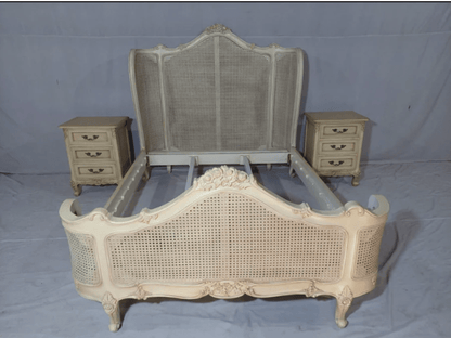 Cream Hand Carved Cane Bed with Headboard Beds & Bed Frames - Bone Inlay Furnitures