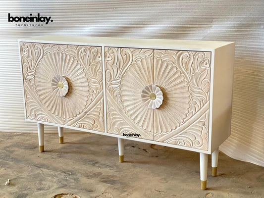 Hand Carved White Color Two Door Media Console