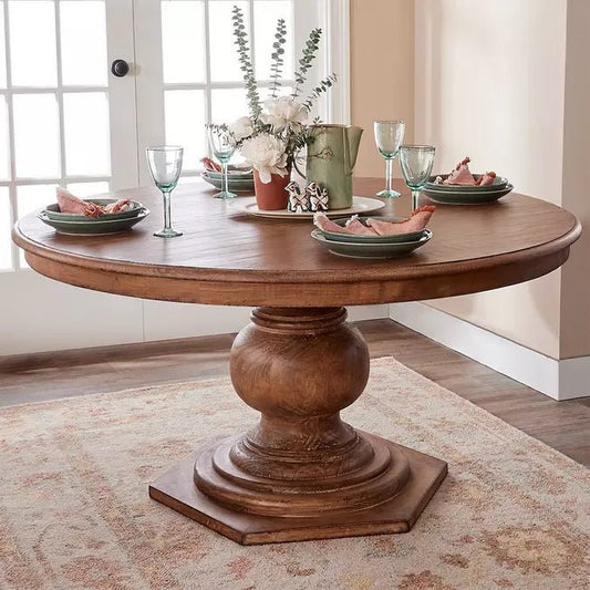 Designer Solid Wooden Natural Color Wooden Round Pedestal Dining Table Dining Table - Bone Inlay Furnitures