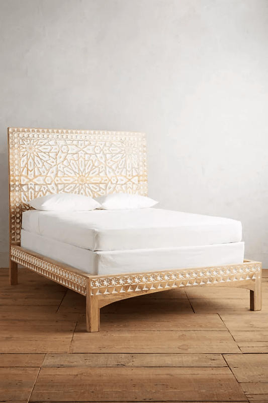 Hand-carved Albaron Bed | Handmade Platform Bed with Headboard Beds & Bed Frames - Bone Inlay Furnitures