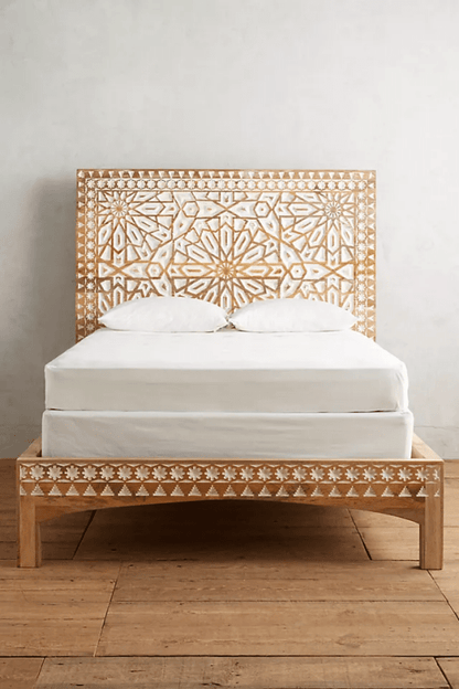 Hand-carved Albaron Bed | Handmade Platform Bed with Headboard Beds & Bed Frames - Bone Inlay Furnitures