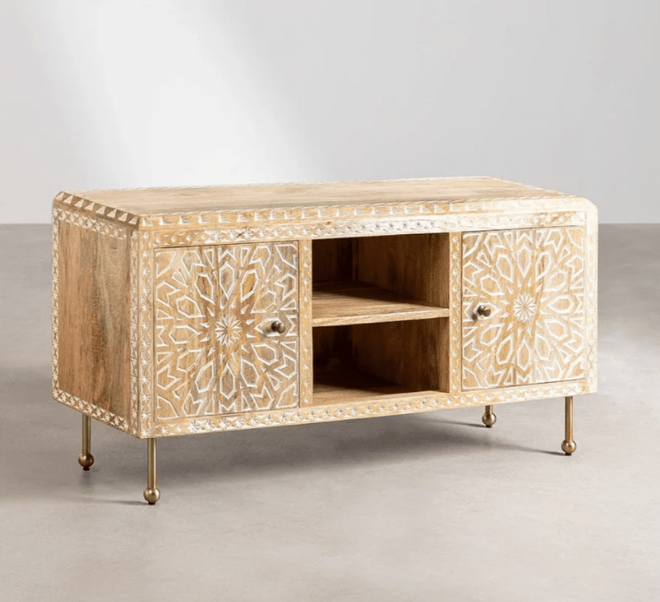 Hand Carved Albaron Solid Wooden Media TV Unit Console Media Console Table - Bone Inlay Furnitures