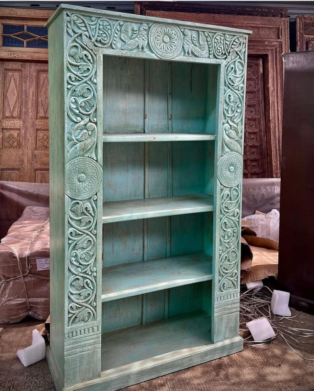 Hand Carved Antique Design Wooden Bookshelf | Book Case with Four Shelf Bookshelf - Bone Inlay Furnitures