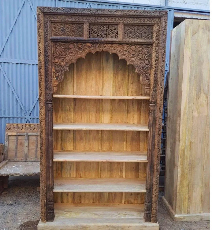 Hand Carved Antique Indian Design Wooden Book Shelf Bookshelf - Bone Inlay Furnitures