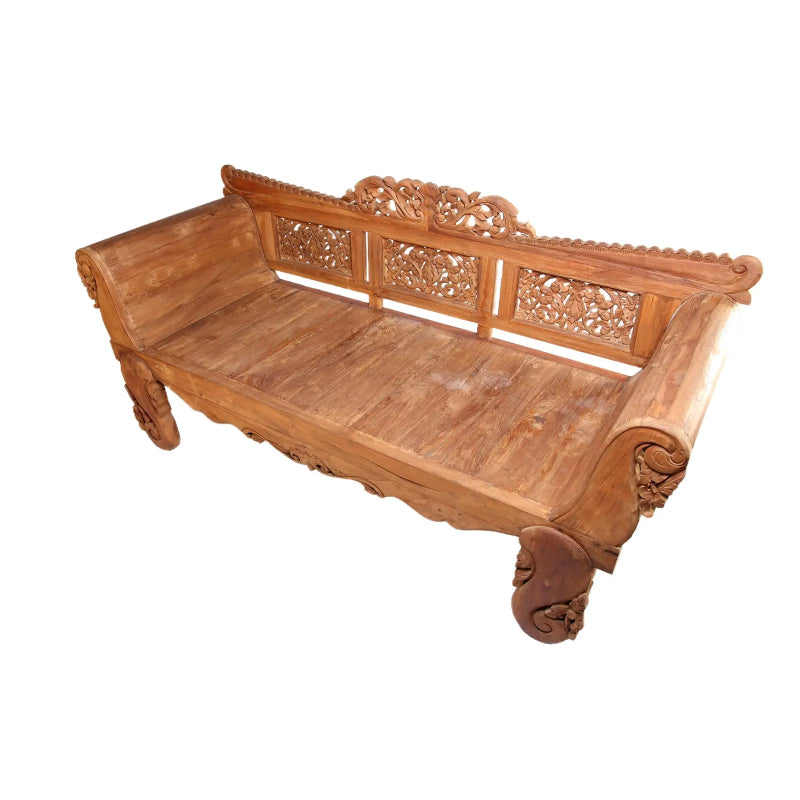 Hand Carved Bali Teak Daybed with Carving Rails in Natural Color Daybed - Bone Inlay Furnitures