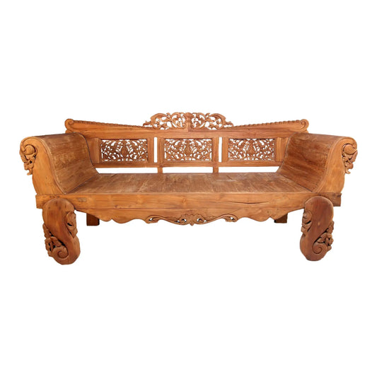 Hand Carved Bali Teak Daybed with Carving Rails in Natural Color Daybed - Bone Inlay Furnitures