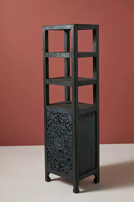 Hand Carved Black Floral Design Wooden Storage Cabinet with Three Shelf and Four Drawers Cabinet - Bone Inlay Furnitures