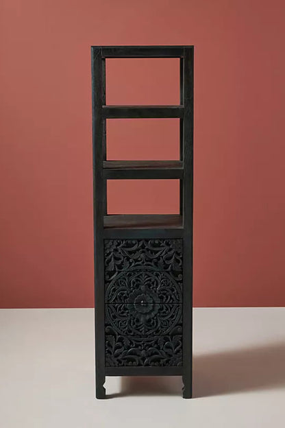 Hand Carved Black Floral Design Wooden Storage Cabinet with Three Shelf and Four Drawers Cabinet - Bone Inlay Furnitures