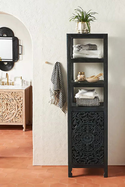 Hand Carved Black Floral Design Wooden Storage Cabinet with Three Shelf and Four Drawers Cabinet - Bone Inlay Furnitures