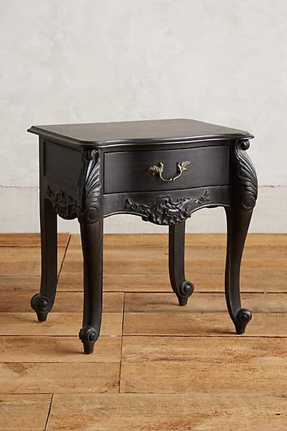 Hand Carved Black Wooden Menara Bedside Table with One Drawer Nightstand - Bone Inlay Furnitures