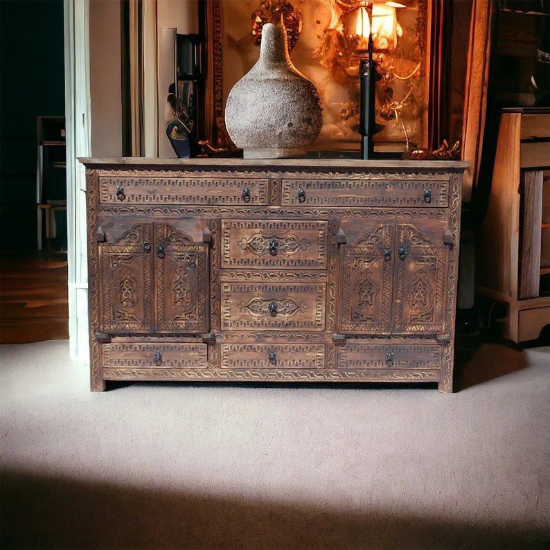 Hand Carved Brown Sideboard Buffet Table with Four Door Buffet & Sideboard - Bone Inlay Furnitures