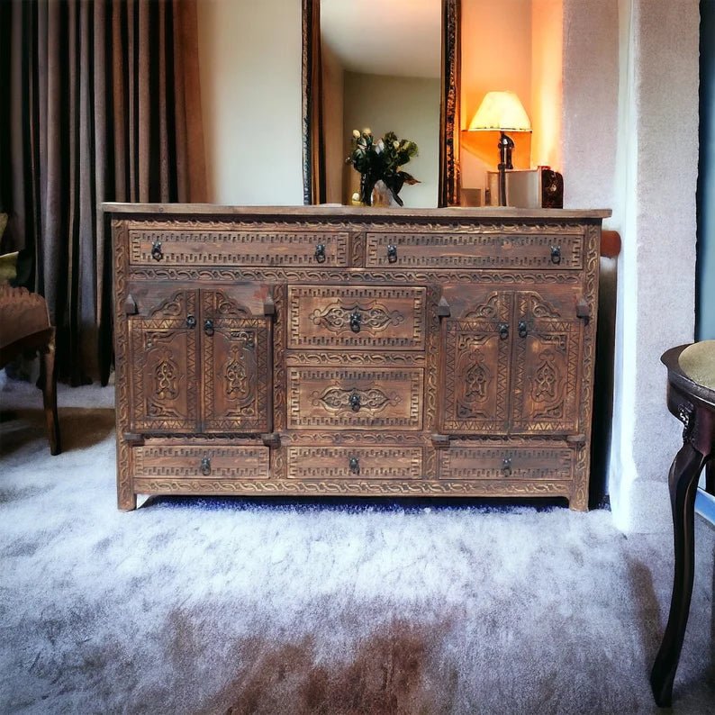 Hand Carved Brown Sideboard Buffet Table with Four Door Buffet & Sideboard - Bone Inlay Furnitures