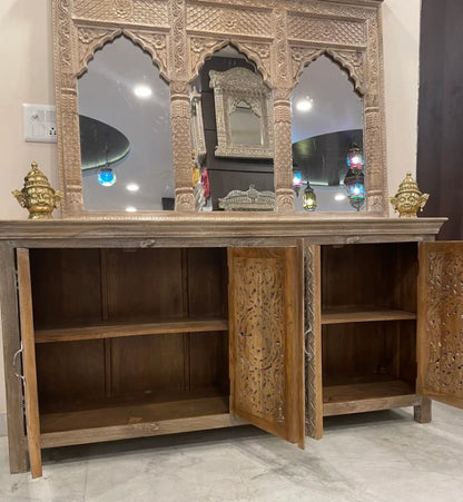 Hand Carved Floral Design Mirror Sideboard Cabinet with Four Doors Buffet & Sideboard - Bone Inlay Furnitures