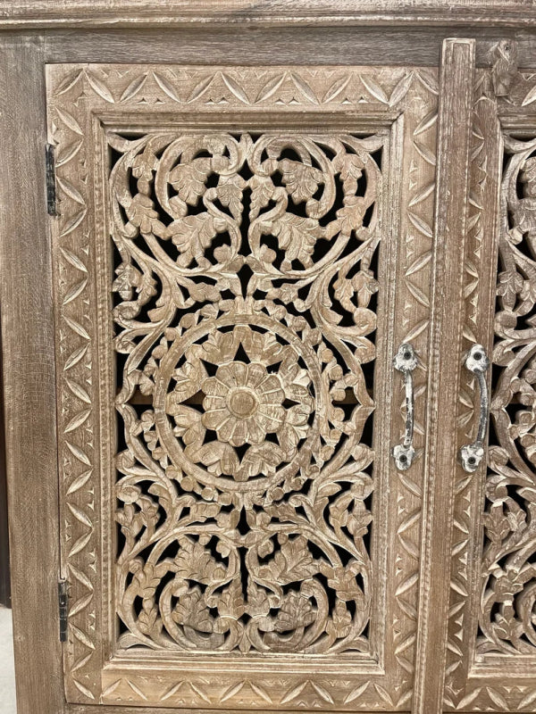 Hand Carved Floral Design Mirror Sideboard Cabinet with Four Doors Buffet & Sideboard - Bone Inlay Furnitures