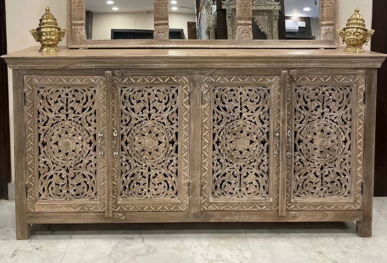 Hand Carved Floral Design Mirror Sideboard Cabinet with Four Doors Buffet & Sideboard - Bone Inlay Furnitures