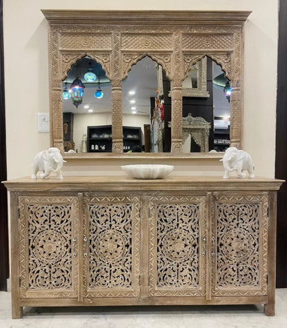 Hand Carved Floral Design Mirror Sideboard Cabinet with Four Doors Buffet & Sideboard - Bone Inlay Furnitures